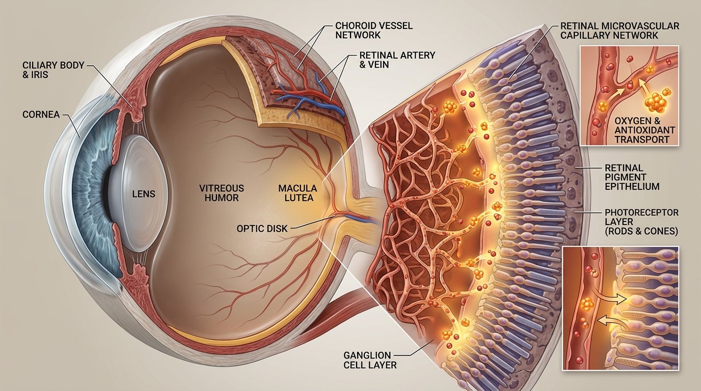 Detailed 3D medical cross-section of retinal microvascular network and nutrient delivery pathways